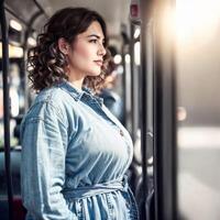 bellissimo donna in piedi dentro pubblico autobus trasporto, generativo ai foto