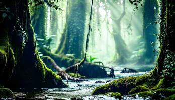 nebbioso foresta Visualizza con grande alberi, luce del sole ma acqua. foto