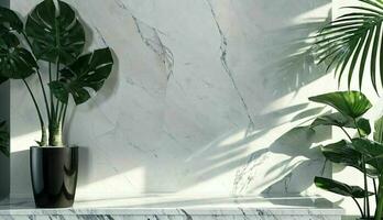 lusso biologico bellezza Schermo su un' moderno bianca marmo pietra contatore tavolo, ornato con tropicale Monstera pianta nel luce del sole contro un' verde parete sfondo foto