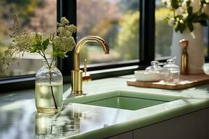 di alto livello, elegante cucina in mostra un' saggio verde contatore, lavello, e illuminata dal sole finestra ai generato foto
