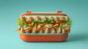 pranzo scatola con pollo insalata panini e carota bastoni, orizzontale. generativo ai foto