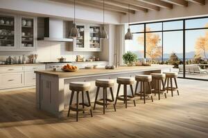 bellissimo bianca cucina ornato con un' di legno pavimento e spazioso isola ai generato foto
