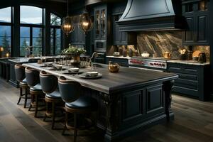 contemporaneo cucina con buio legna mobili per un' grassetto e Impressionante estetico ai generato foto