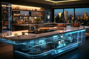 elegante e tecnologicamente Avanzate cucina con un' moderno futuristico ambiance ai generato foto