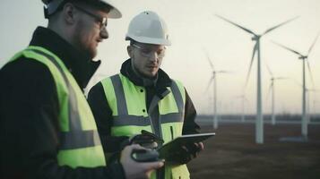 ingegnere e tecnico Lavorando su vento turbine azienda agricola per rinnovabile energia produzione.ai creare foto