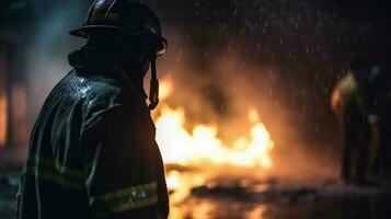 pompiere combattente fuoco nel il notte. pompiere nel azione.ai creare foto