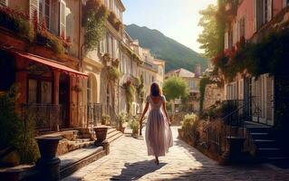 giovane donna a piedi giù un' bellissimo villaggio strada. generativo ai. foto