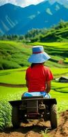 illustrazione di un asiatico ragazzo vestito nel rosso giocando nel un' piccolo auto nel il mezzo di un' di grandi dimensioni, verde tè giardino azienda agricola con ai generato foto