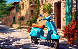 vecchio italiano scooter su un' bellissimo italiano strade. generativo ai. foto