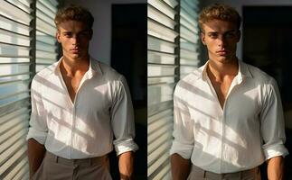 attraente giovane uomo nel vuoto bianca camicia per modello. design camicia modello e modello per il branding o Stampa. generativo ai. foto