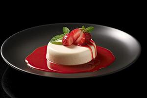 fragola panna cotta su un' piatto, nero sfondo, illustrazione, generativo ai foto