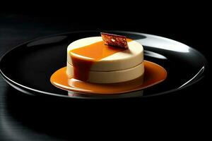 gustoso caramello panna cotta su un' piatto, nero sfondo, illustrazione, generativo ai foto