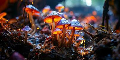 fantastico funghi in crescita su un' tronco nel il foresta. Magia funghi nel neon luci. ai generato foto