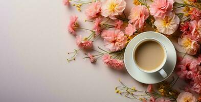 estate bandiera o invito con prato fiori e tazza di caffè su un' rosa sfondo. ai generato foto