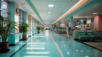 interno di corridoio di moderno medico centro, naturale illuminazione. ospedale progetto idea. ai generato foto