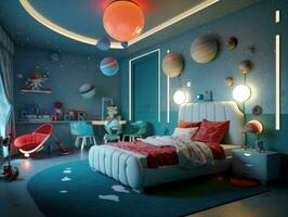 moderno ragazzo Camera da letto con spazio tema decorazione. generativo ai foto