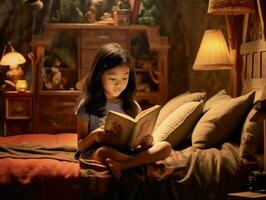 carino asiatico ragazza lettura libro prima letto tempo nel accogliente Camera da letto. generativo ai foto