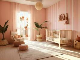 moderno rosa colorato bambino piccolo Camera da letto con decorazione. generativo ai foto