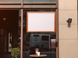 vuoto finto su cartello a caffè negozio bar, pubblicità tavola. generativo ai foto