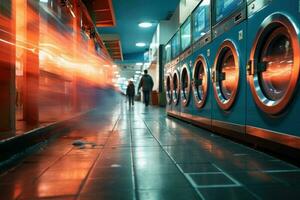 riga di industriale lavanderia macchine nel lavanderia a gettoni nel un' pubblico lavanderia a gettoni. generativo ai foto