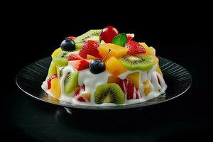 delizioso frutta insalata budino su un' piatto, nero sfondo, illustrazione, generativo ai foto