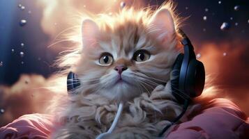 carino gatto indossare cuffie ascoltando per musica, illustrazione di fantasia surreale cartone animato personaggio animale dipingere, generativo ai foto