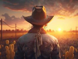 bellissimo donna nel cowboy selvaggio ovest stile, cowboy cappello e jeans giacca, moda ritratto foto sessione, pubblicità, agricolo campo, caldo e arancia colori su il tramonto cielo. generativo ai