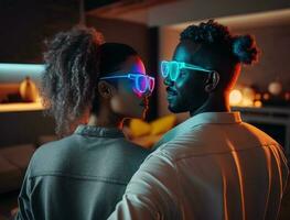bellissimo multietnico coppia nel casuale abiti e futuristico neon raggiante occhiali, danza e avere un' festa a casa foto