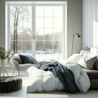 elegante camera interno con grande confortevole letto nel scandinavo stile. generativo ai foto
