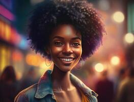 nero donna, contento nel ritratto con moda e bellezza all'aperto, strada stile con naturale capelli, trucco e gioielleria. libertà, felicità e modello con afro, persona con mentalita e incandescenza. generativo ai foto