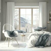 elegante camera interno con grande confortevole letto nel scandinavo stile. generativo ai foto