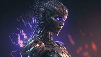 moderno futuristico femmina umanoide robot con metallo vestito. concetto di artificiale intelligenza o ai, forma di un' donna. generativo ai foto