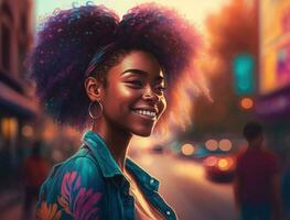 contento africano giovane donna ridendo guardare a telecamera in piedi su strada. sorridente afro americano adolescente generazione z fricchettone ragazza in posa all'aperto retroilluminato con luce del sole, ritratto. generativo ai foto