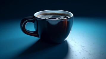 un' nero caffè boccale sospeso nel mezz'aria contro un' vivace blu sfondo, vuoto dentro. ai generato foto