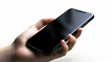 mano Tenere nero smartphone con tre dita esteso, isolato su bianca sfondo ai generato foto