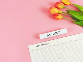 piatto posare di abitudine inseguitore libro con di legno calendario agosto, e tulipani su rosa sfondo. foto