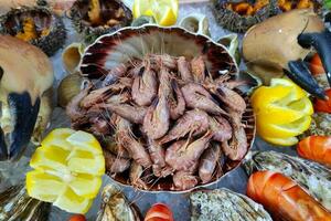 pila di frutti di mare su ghiaccio per vendita foto