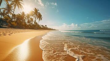 bellissimo Immagine di un' tropicale spiaggia con blu cielo e palma alberi - generativo ai foto