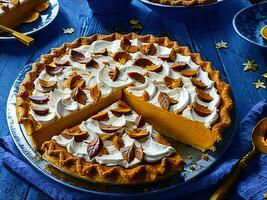 ai generato. autunno. fresco dolce fatti in casa tradizionale festivo americano zucca torta per ringraziamento, raccogliere festa pronto per mangiare. dolce. concetto - simbolo di vacanza, tradizione, delizioso cibo, casa foto