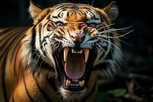 potente selvaggio tigre avvicinamento il feroce re di il giungla nel suo naturale habitat, ai generativo foto