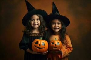 un illustrazione di bambini indossare un' Halloween costume , ai generato foto