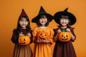 un illustrazione di bambini indossare un' Halloween costume , ai generato foto