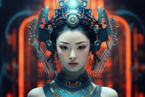 illustrazione di un' cyborg donna e ai tecnologia sfondo , ai generato foto