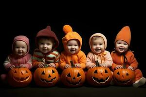 un illustrazione di bambini indossare un' Halloween costume , ai generato foto