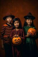 un illustrazione di bambini indossare un' Halloween costume , ai generato foto