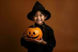 un illustrazione di bambini indossare un' Halloween costume , ai generato foto