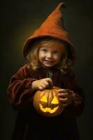 un illustrazione di bambini indossare un' Halloween costume , ai generato foto