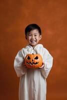 un illustrazione di bambini indossare un' Halloween costume , ai generato foto