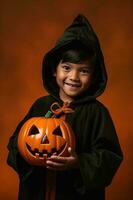 un illustrazione di bambini indossare un' Halloween costume , ai generato foto