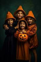 un illustrazione di bambini indossare un' Halloween costume , ai generato foto